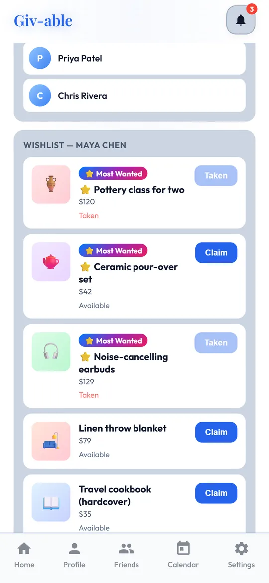 A Giv-able birthday event where guests claim wishlist items.